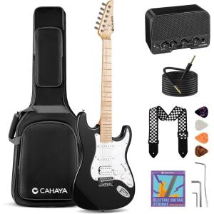 imageCAHAYA Electric Guitar Set Beginner  39in Starter Guitar Kit with HSS Pickup Solid Okoume Body Electric Guitar Adults with Amplifier Gig Bag Strap Picks Strings Cable BlueBlack