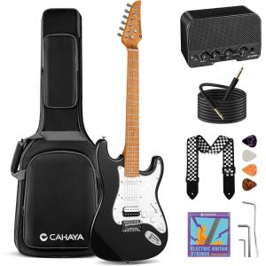 imageCAHAYA Electric Guitar Kit Beginner  39in Guitar Set Adults with Roasted Maple Neck HSS Pickup Solid Okoume Body Electric Guitar with Gig Bag Amplifier Strap Strings Cable Picks BlueBlack