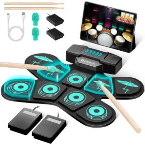 imageCAHAYA Electronic Drum Pad Set Dual Speakers Portable 9pads Electric Practice Drum MIDI Gam Great Gift for Music Beginners